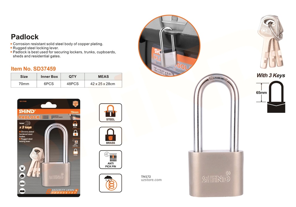 Shind - 70MM long beam matt rounded lock 37459