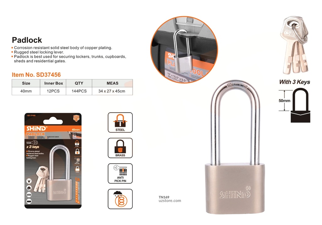 Shind - 40MM long beam matt rounded lock 37456