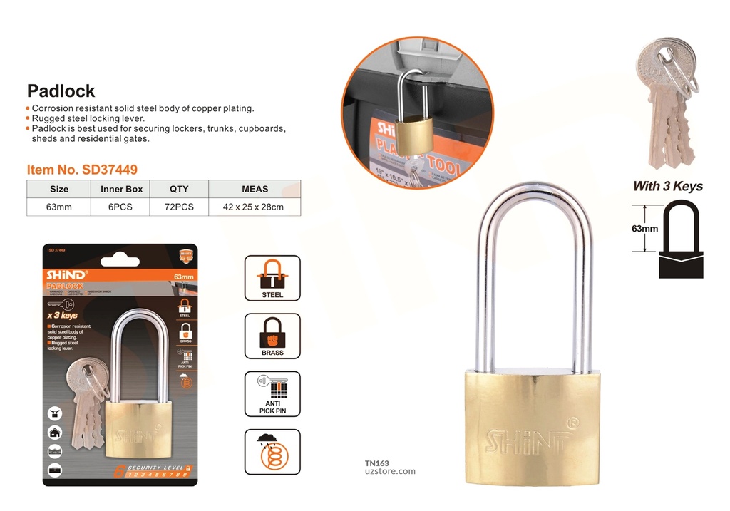 Shind - 63MM long beam imitation brass lock 37449