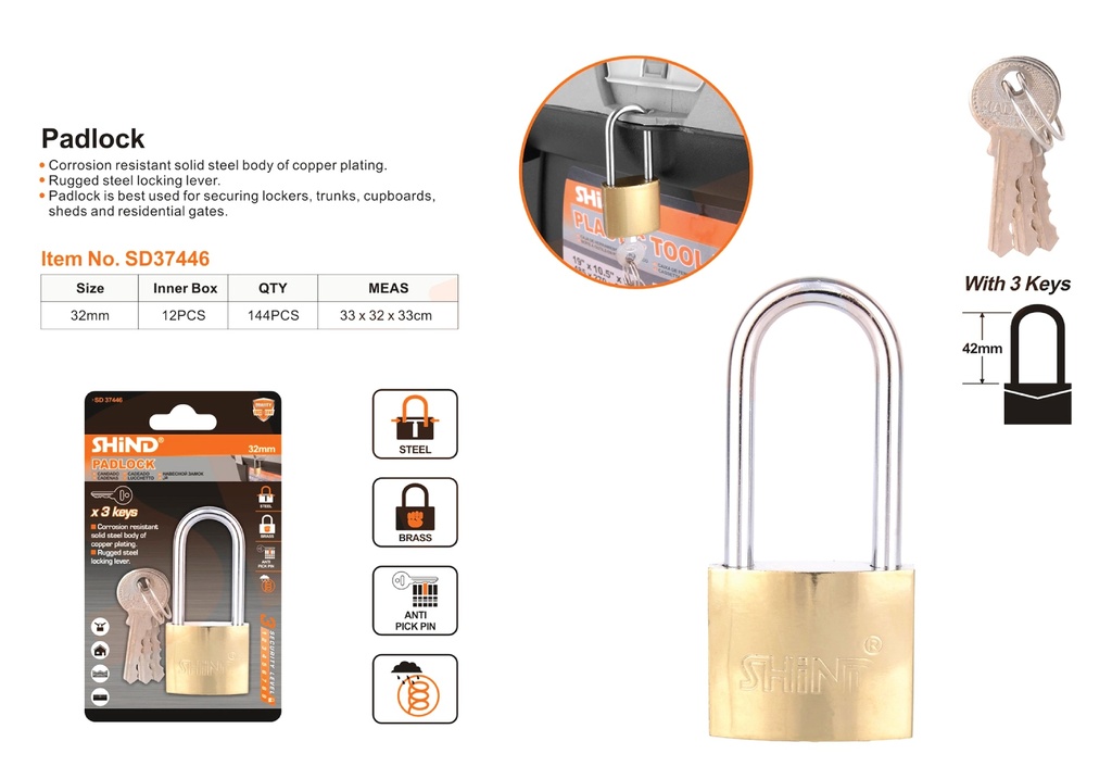 Shind - 32MM long beam imitation brass lock 37446