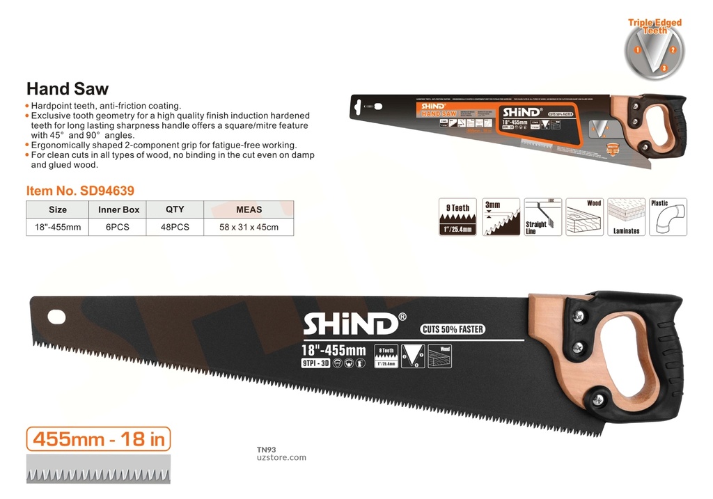 Shind - 18 inch 450MM wood handle hand saw 94639