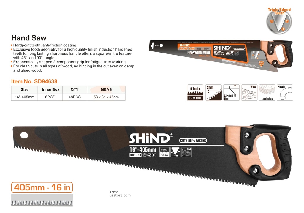 Shind - 16 inch 400MM wood handle hand saw 94638
