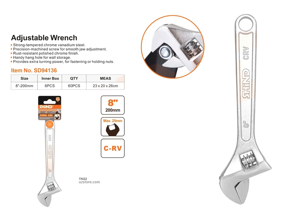 Shind - 8"200MM adjustable wrench with light handle 94136