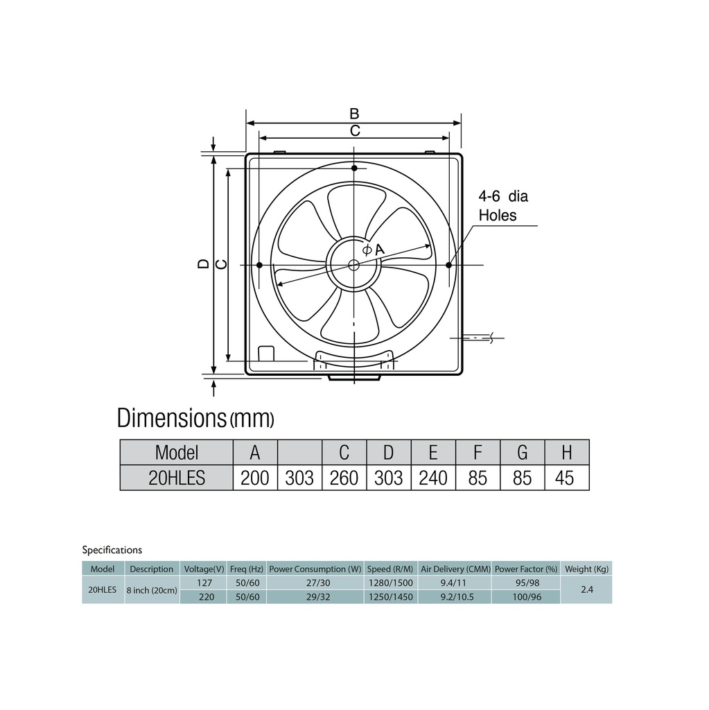 Hayashi EXST FAN 8"SQ 20H With louver