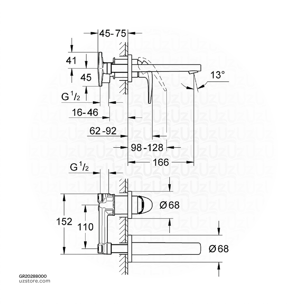 GROHE BauCurve OHM trimset basin 2-h wall 20288000