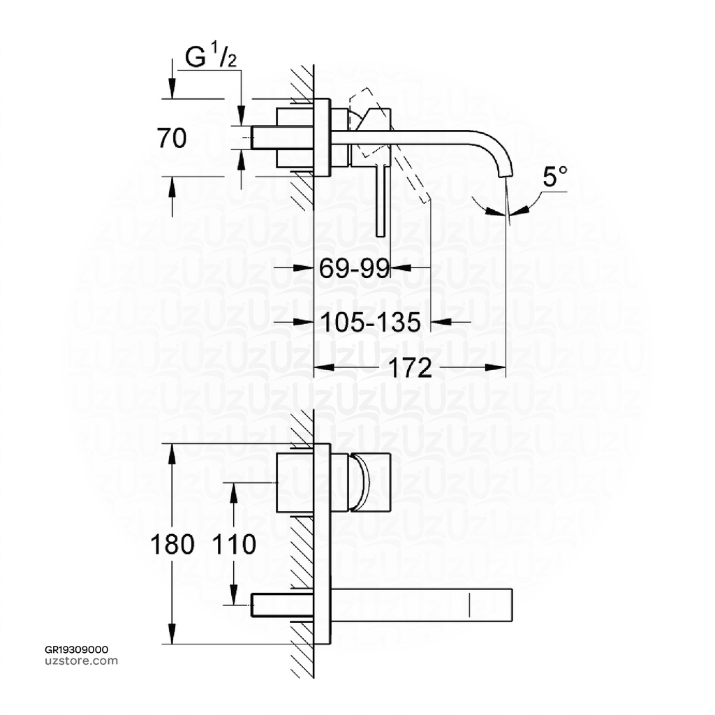 GROHE Allure 2-h basin m wall mtd, 180mm spout 19309000