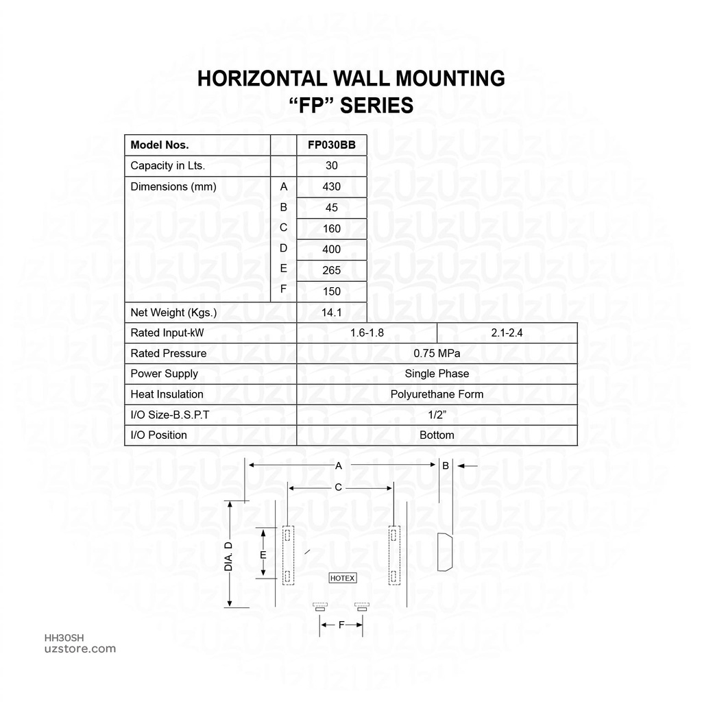 Hotex Water Heater Glass Lined Plus 30L Horizontal :1.5KW ,D400 ,H475