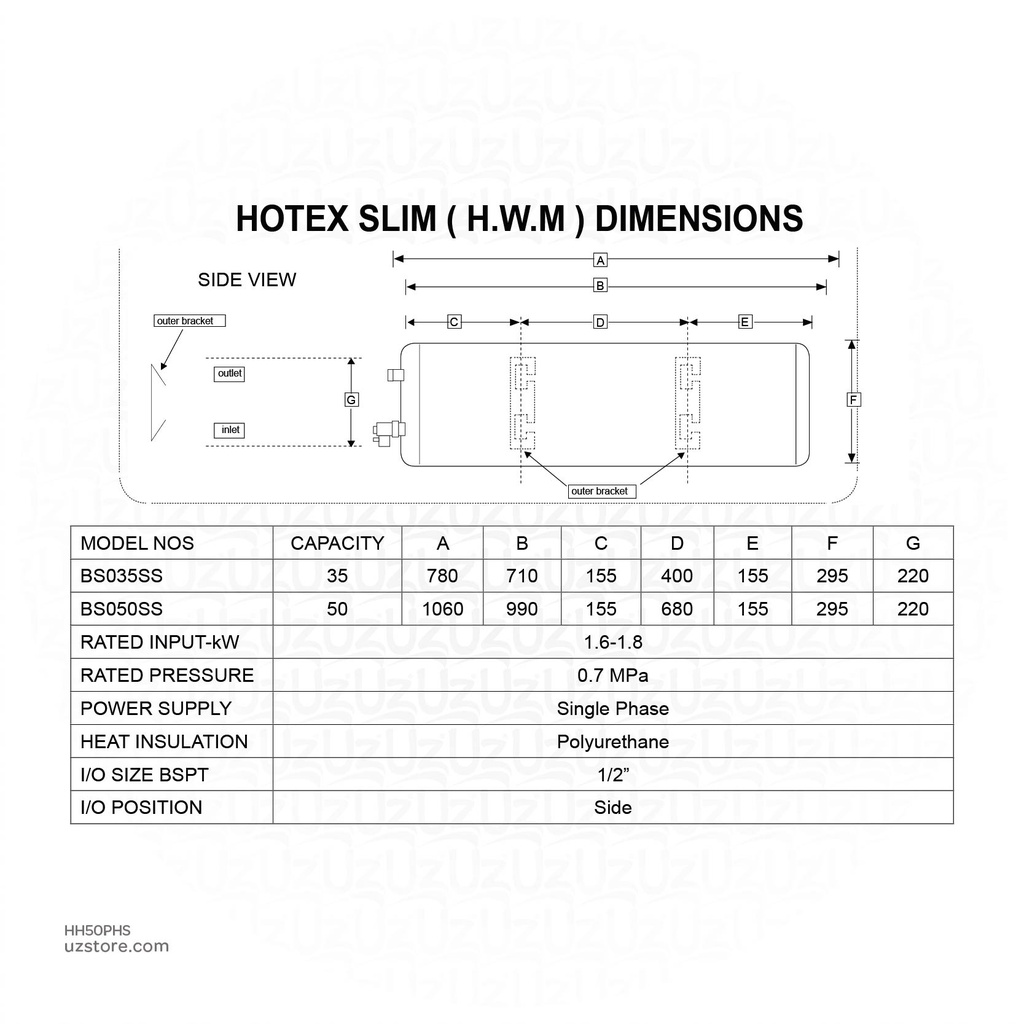 Hotex Water Heater GI Premium Slim 50L Horizontal :1.5KW ,D295 ,H990