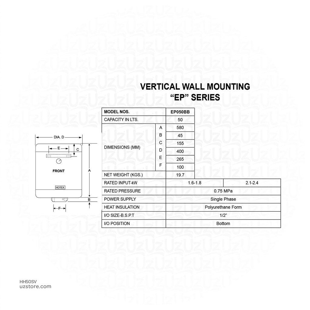 Hotex Water Heater Glass Lined Plus 50L Vertical :1.5KW ,D400 ,H625