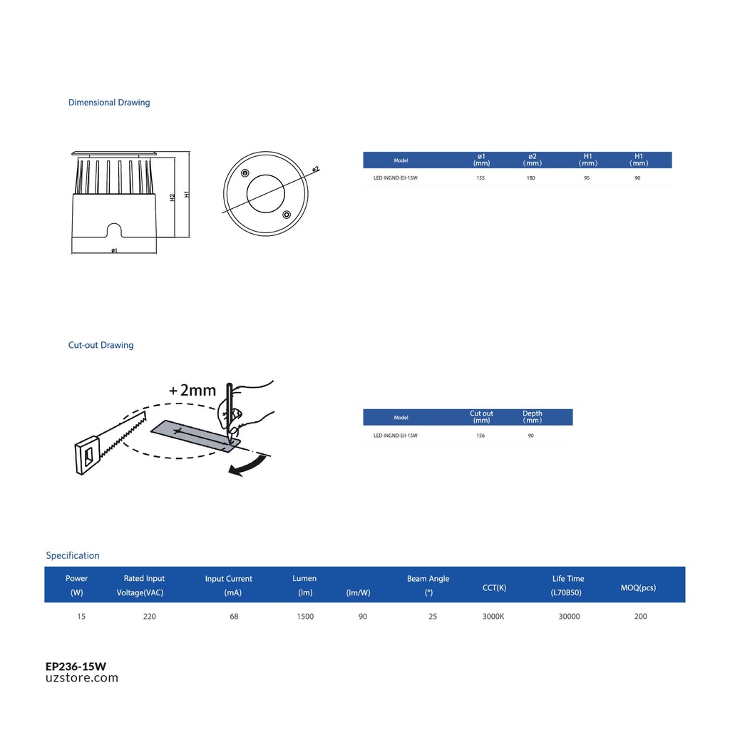 OPPLE LED Inground Light E II 15W-3000K-25D-HV-GP, Warm White 704000011410