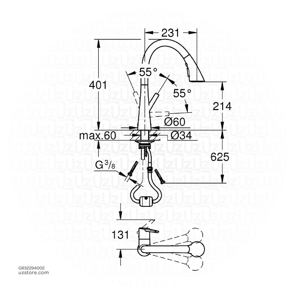 GROHE Zedra OHM sink C-spout Triple Spray 32294002