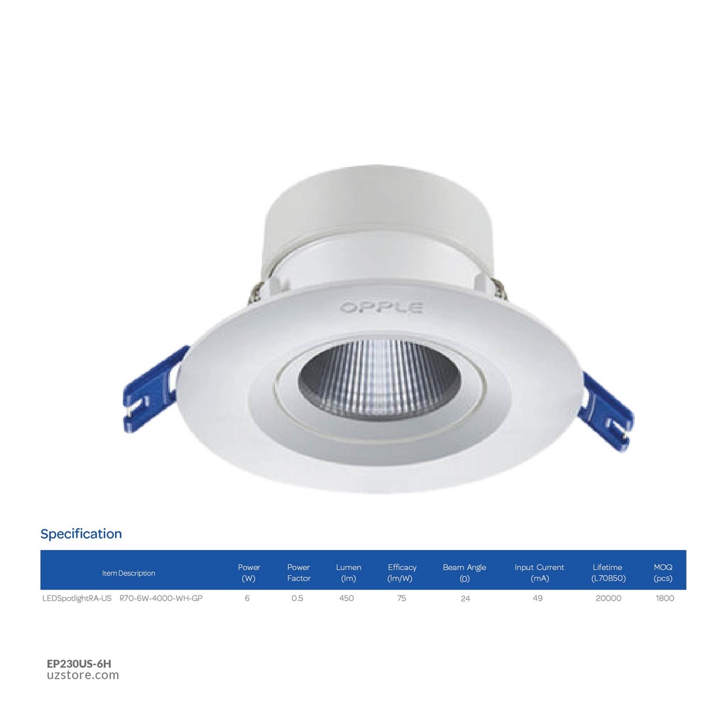 OPPLE LED Spotlight RA-US R70-6W-4000-WH-GP Half white