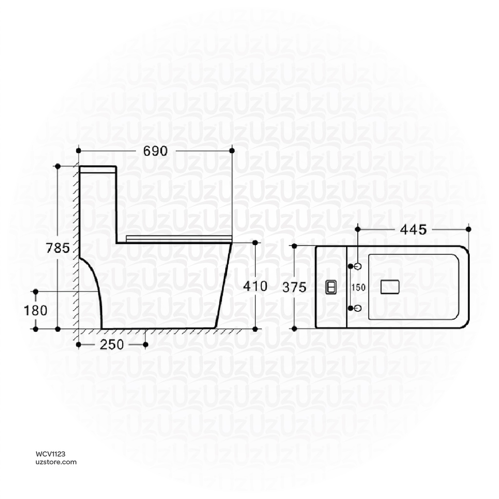 Vlavu rimless one-piece toilet
 S-trap 250mm , UF seat cover 695x370x780mm CB. 12.0017