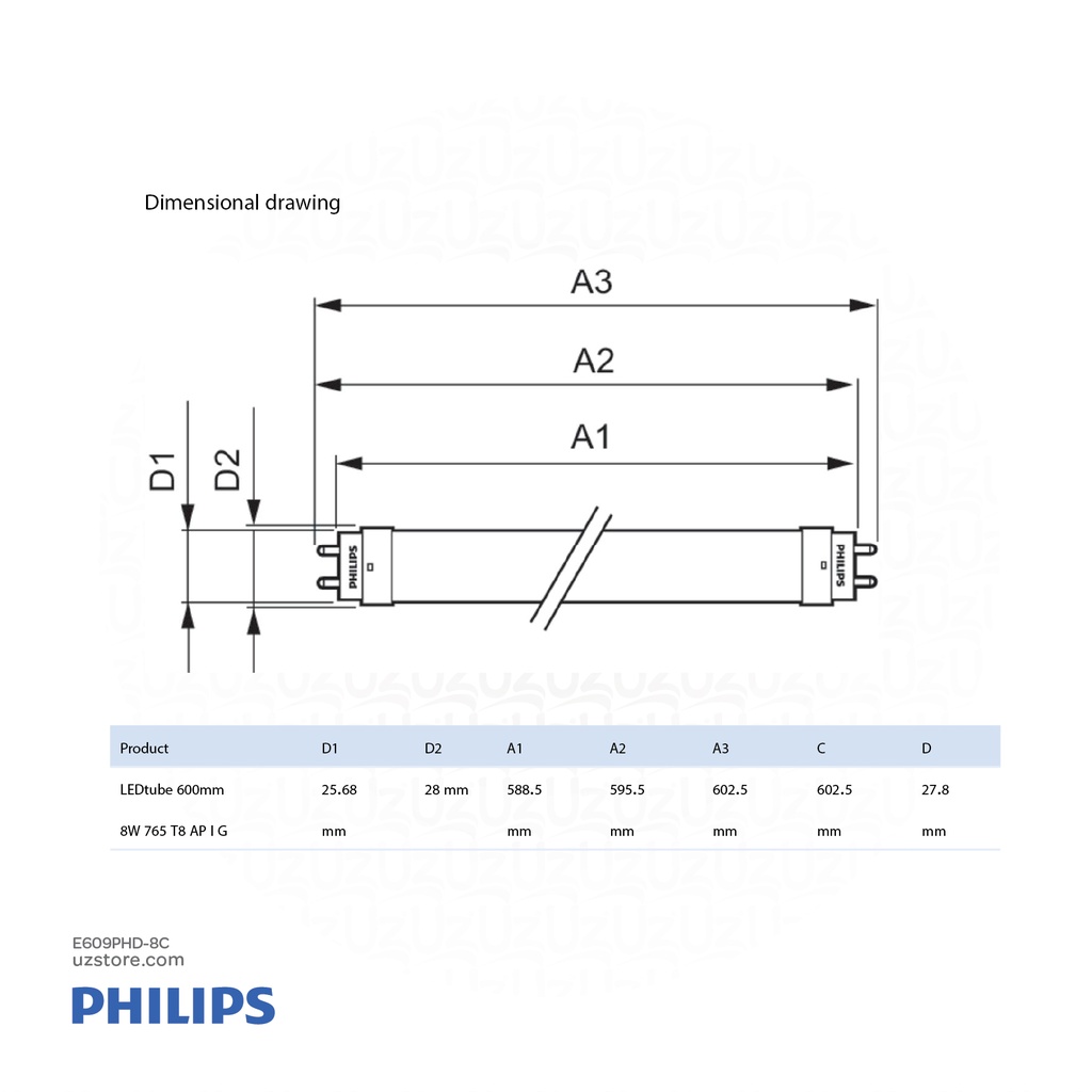 PHILIPS 2Ft LED Tube Bulb Rod T8 600mm 600mm 8W 765 T8, 6500K Cool DayLight with Chock 92900118488