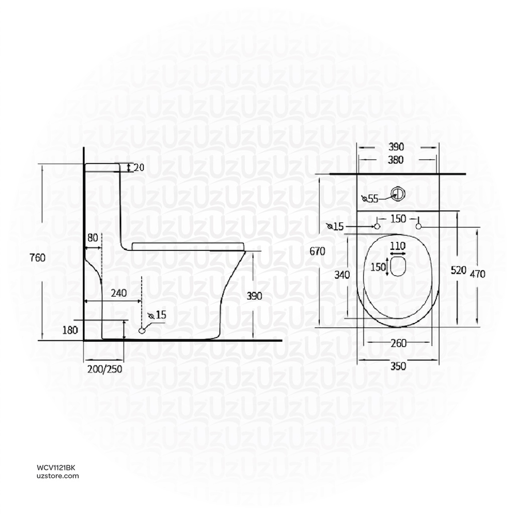 Vlavu WC one piece ( Toilet ) Black S-trap 250mm , UF seat cover S-trap 250mm , UF seat cover 670*350*760mm CB. 12.0105