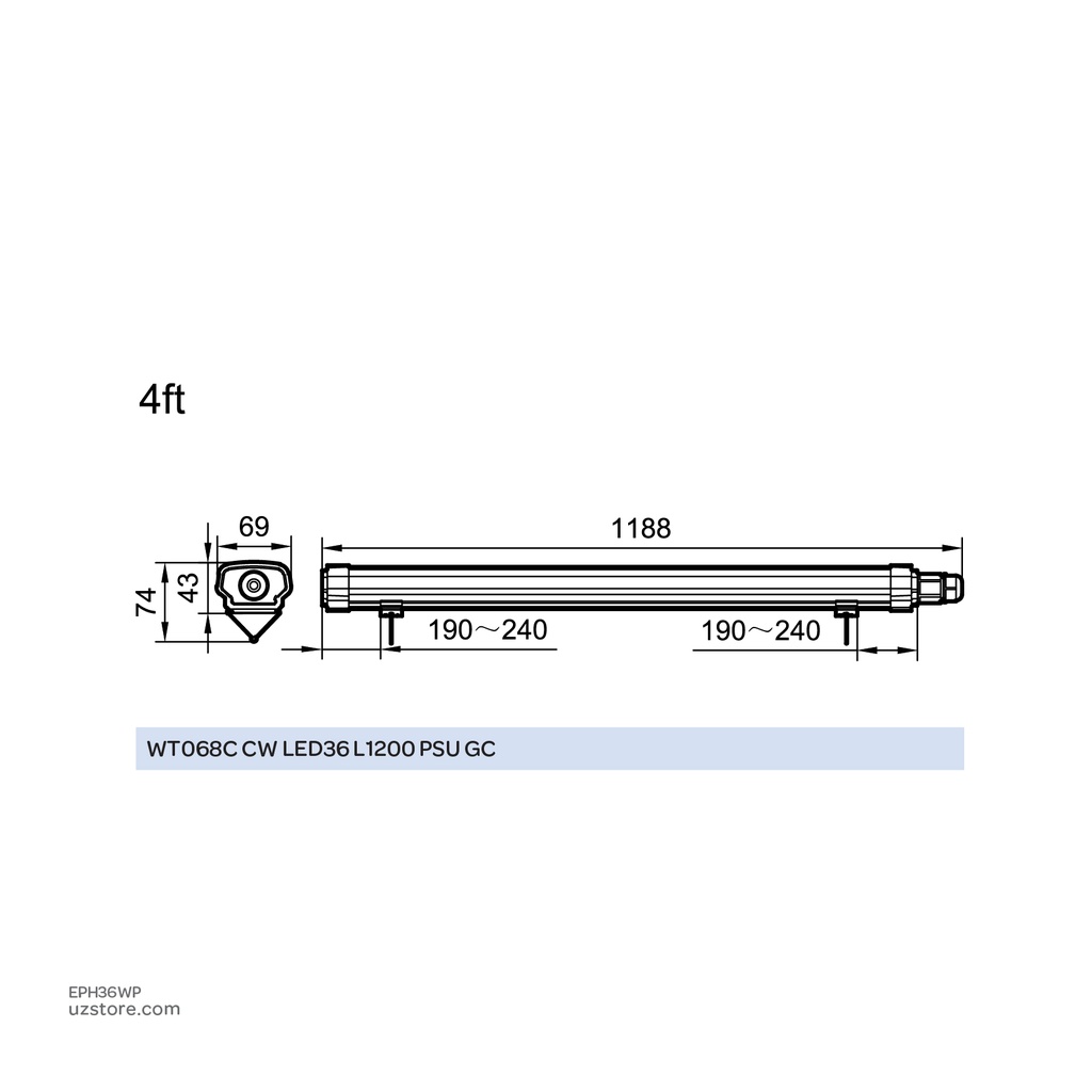 PHILIPS Smart Bright Outdoor LED 4Ft Wide Batten 220-240V IP65 6.5K 1200mm WT068C CW LED36 L1200 PSU, Make Philips