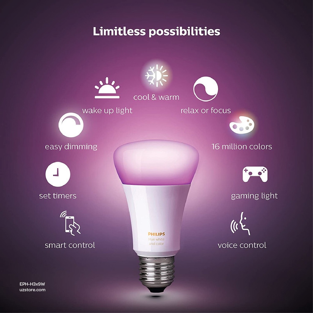 Philips Hue Uae White & Colour Ambiance Led Smart Bulb Starter Kit (3 Bulbs & Bridge) 929002216817