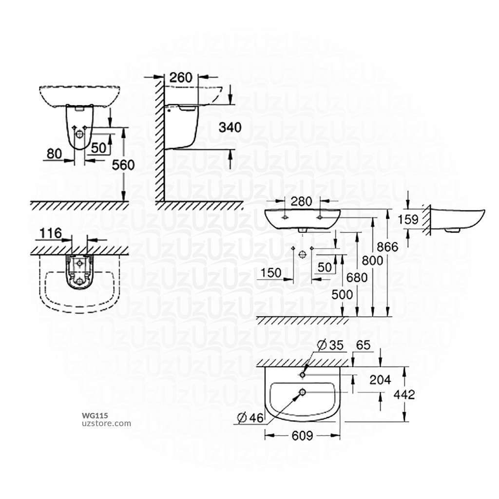 BAU Ceramic washbasin wall hung 60 + BAU ceramic semi pedestal GR39421000+GR39426000 GROHE 