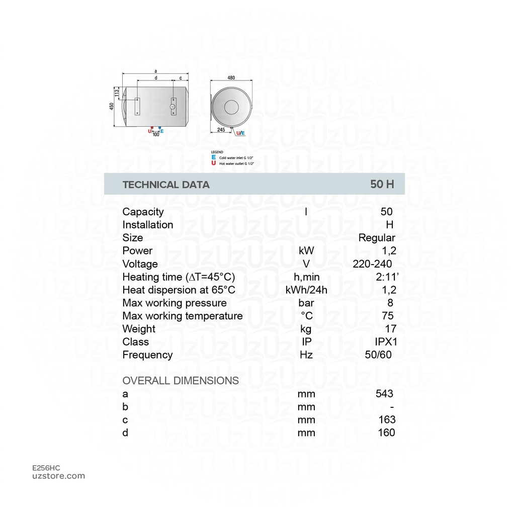 WATER HEATER ARISTON 50Ltr Horizontal Made in China 3605202