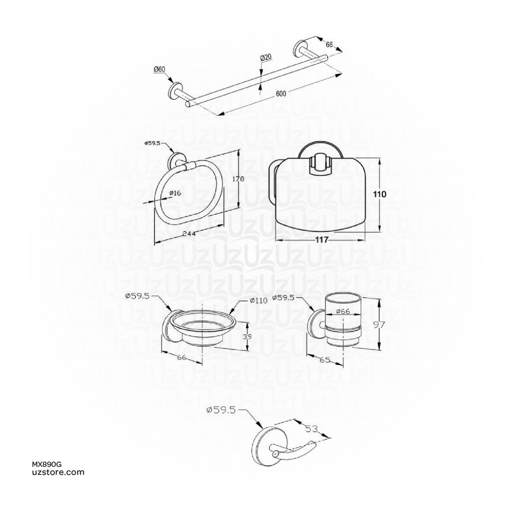 Kludi RAK Caliber 210210.GD1 Bathroom accessories, 6pcs Gold