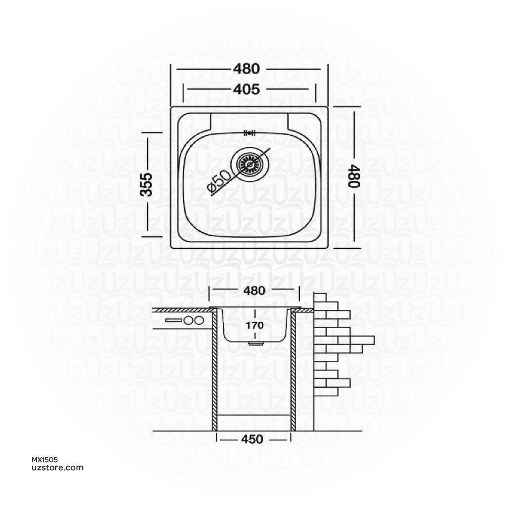 Kludi RAK Inset Sink 48X48 Single Bowl Single Drainer S.S 304 Satin finish 3.5" Waste with siphons RAK90840