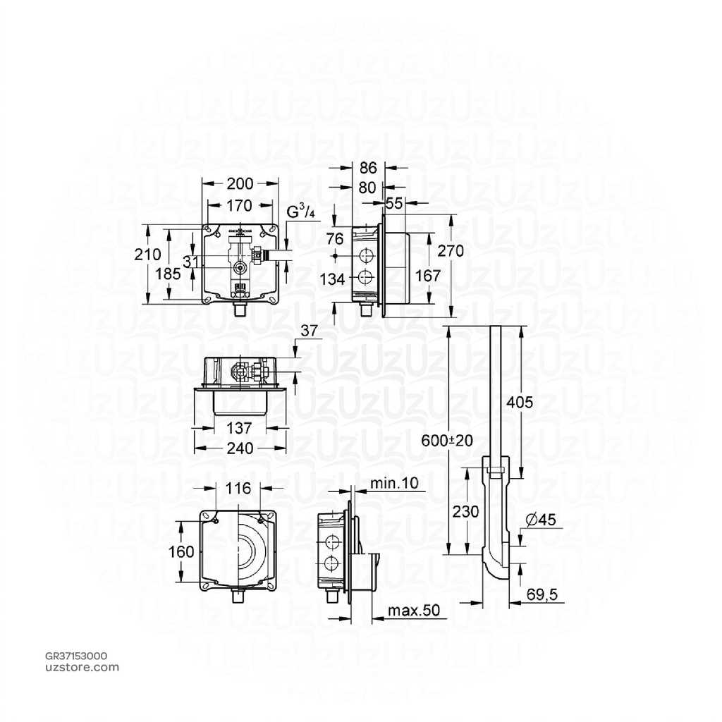 GROHE Rondo WC flush valve conc. w.shut-off 37153000