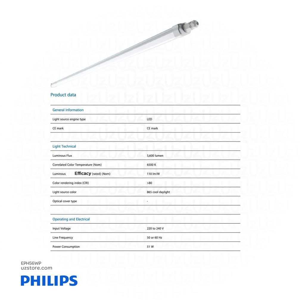 PHILIPS Smart Bright Outdoor LED 5Ft Wide Batten 220-240V IP65 6500K 1500mm WT068C CW LED56 L1500 PSU 911401881580