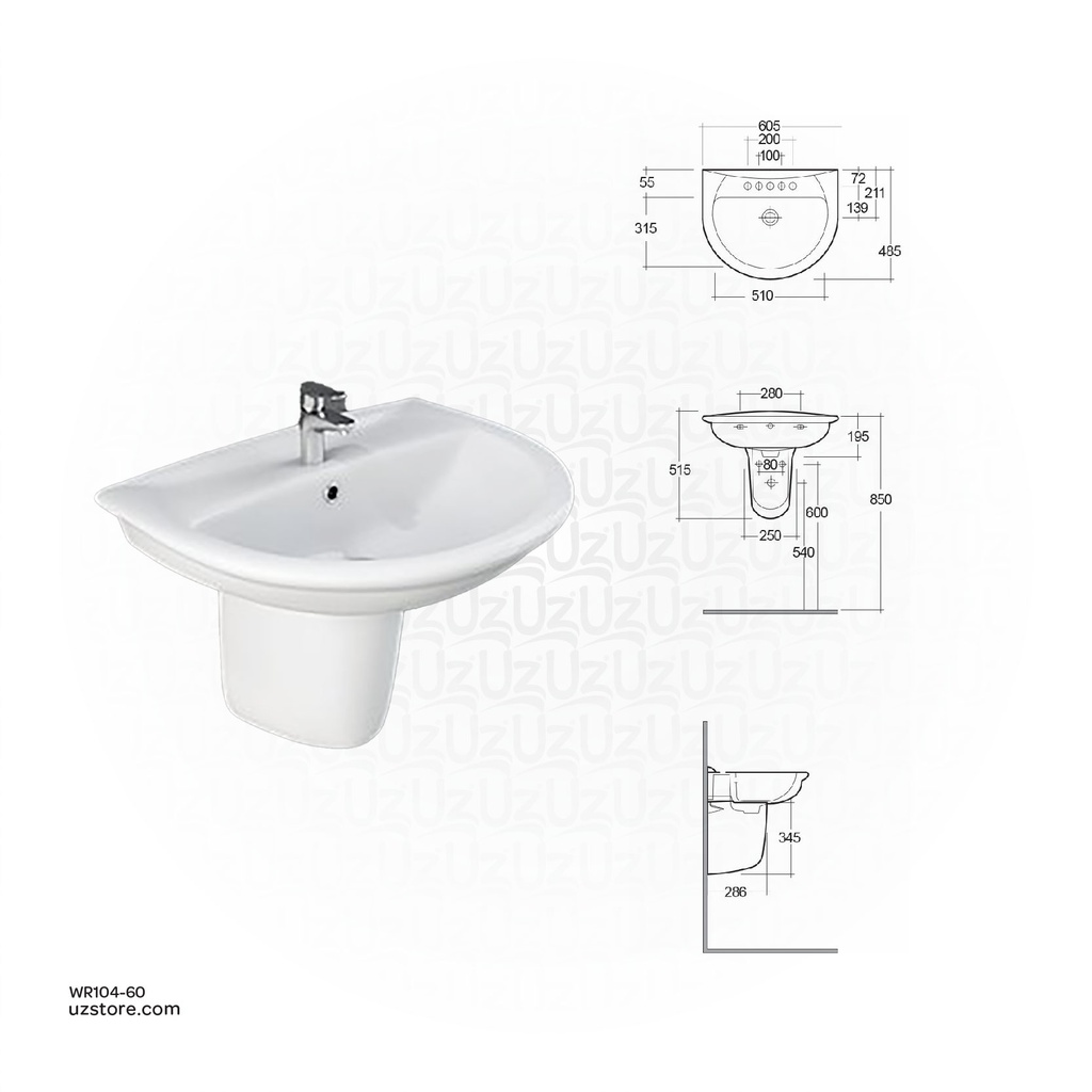 RAK-Karla Wash Basin With  Half Pedestal 60CM KR0101AWHA  KR0105AWHA