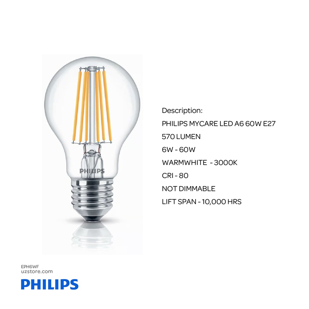 PHILIPS LED Classic Lamp 6W A60 Warm White E27 Filemental