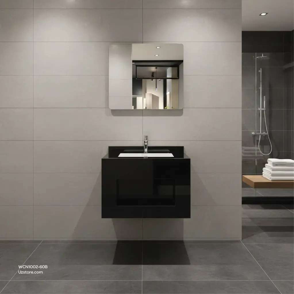 Ceramic Wash Basin Rock Slate Glossy Finishing without lighting/LED mirror, Black Color, Cabinet Size 600*500*400, Mirror Size 500*600, AP2006-60