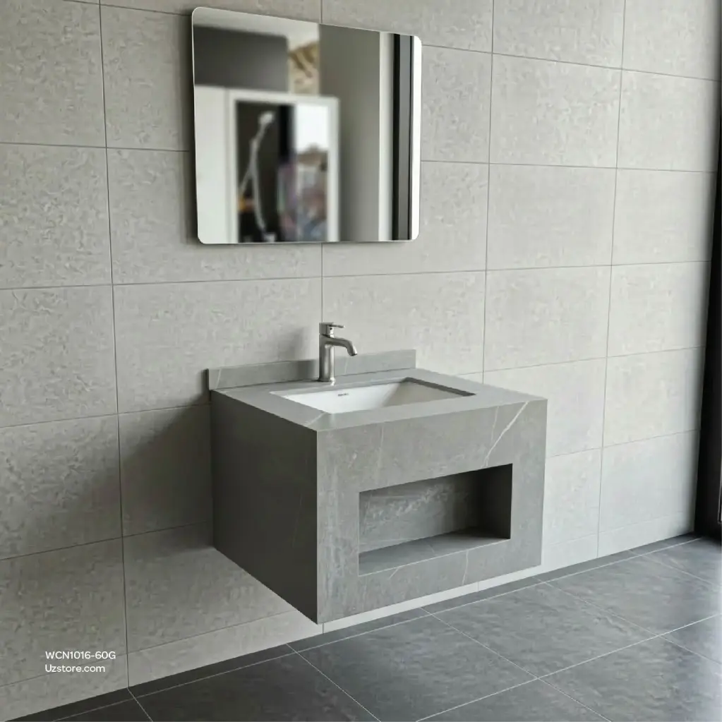 Ceramic Wash Basin Rock Slate Glossy Finishing, LED Mirror, Grey Color, Cabinet Size 60*50*40, Mirror Size 50*60, 2004-H009