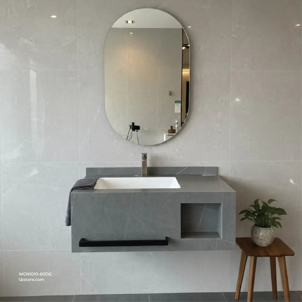 حوض غسيل سيراميك روك سليت، تشطيب مات، بدون إضاءة / مرآة LED، باللون الرمادي الداكن، حجم الخزانة 800 * 500 * 300، حجم المرآة 500 * 700