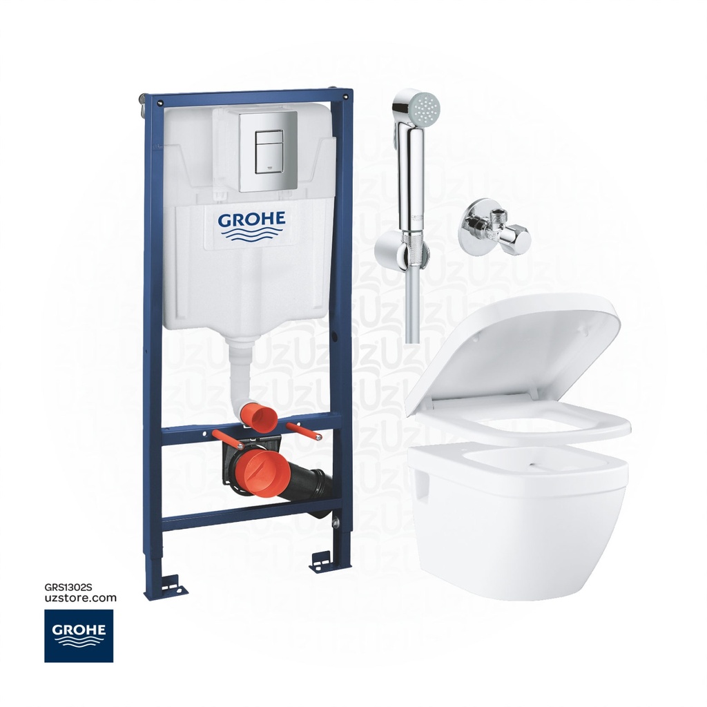 GROHE EURO Ceramic Concealed WC Bundle 302S ( GROHE Rapid SL + WC Wall Hung +Chrome Shattaf +Angle valve) 