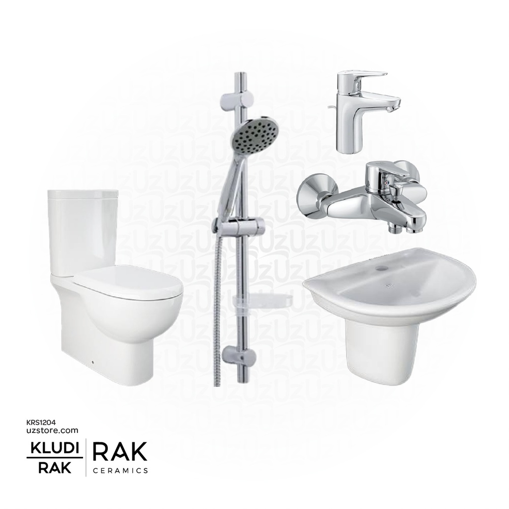 KLUDI RAK Bundle 204 ( Rak Ceramic Floor stand EWC +Rak Ceramic Wash Basin With Half Pedestal 50 Cm + Wash basin mixer + Shower Set +Shower Mixer +White Shattaf  )