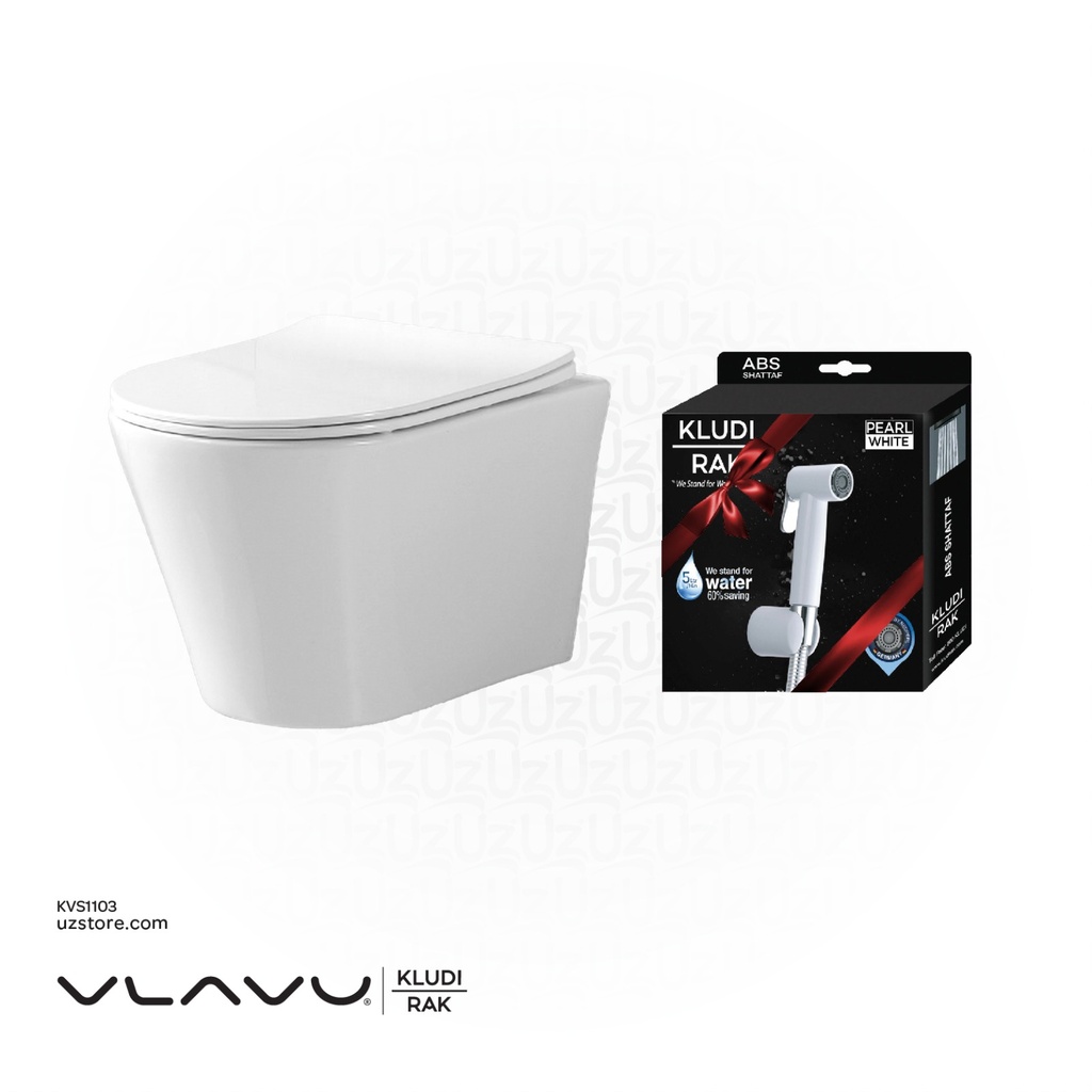 Vlavu wall-hung toilet  White Rimless dual-flush ,1103 UF seat cover  540x360x325mm + Kludi rak white shattaf 