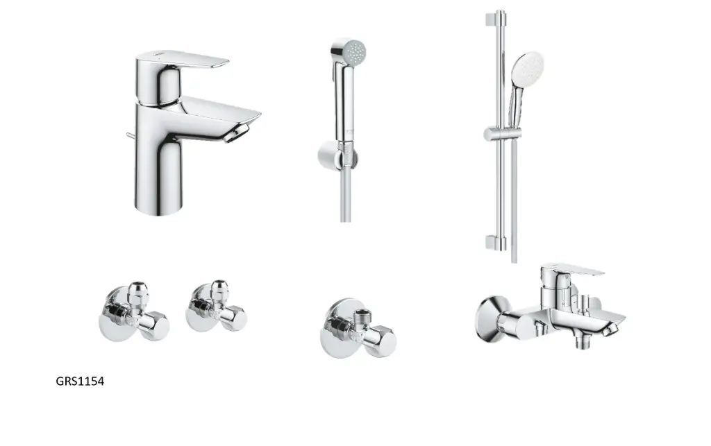 GROHE Bundle 154 ( Basin Mixer + Shower Mixer +  Shower Kit+ 3 angle Valves +Chrome shattaf )   (