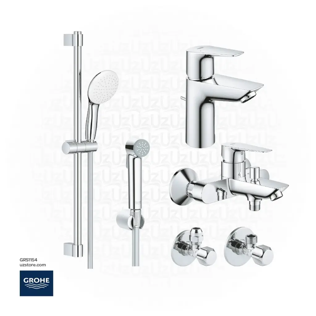 Grohe Bundle 154 (BauEdge Basin Mixer + BauEdge Shower Mixer +  Shower Kit+ 3 Angle Valves +Chrome Shattaf )   