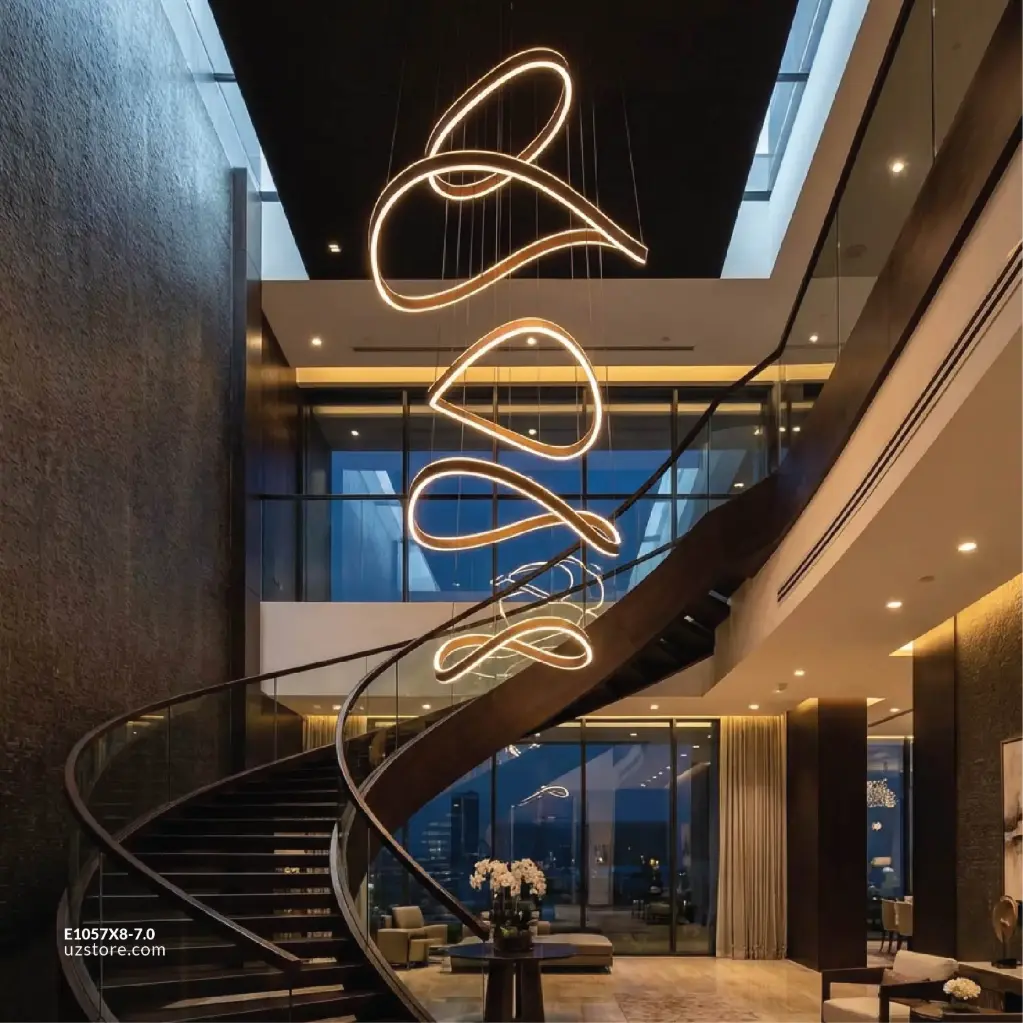 [E1057X8-7.0] OPTARA Pendant Light - Ø:1200×1  , 1000×2 , 800×3 , 600×2  H:7000mm, 3000K, Stainless steel, Brushed rose gold 22518-12+10+10+8+8+8+6+6