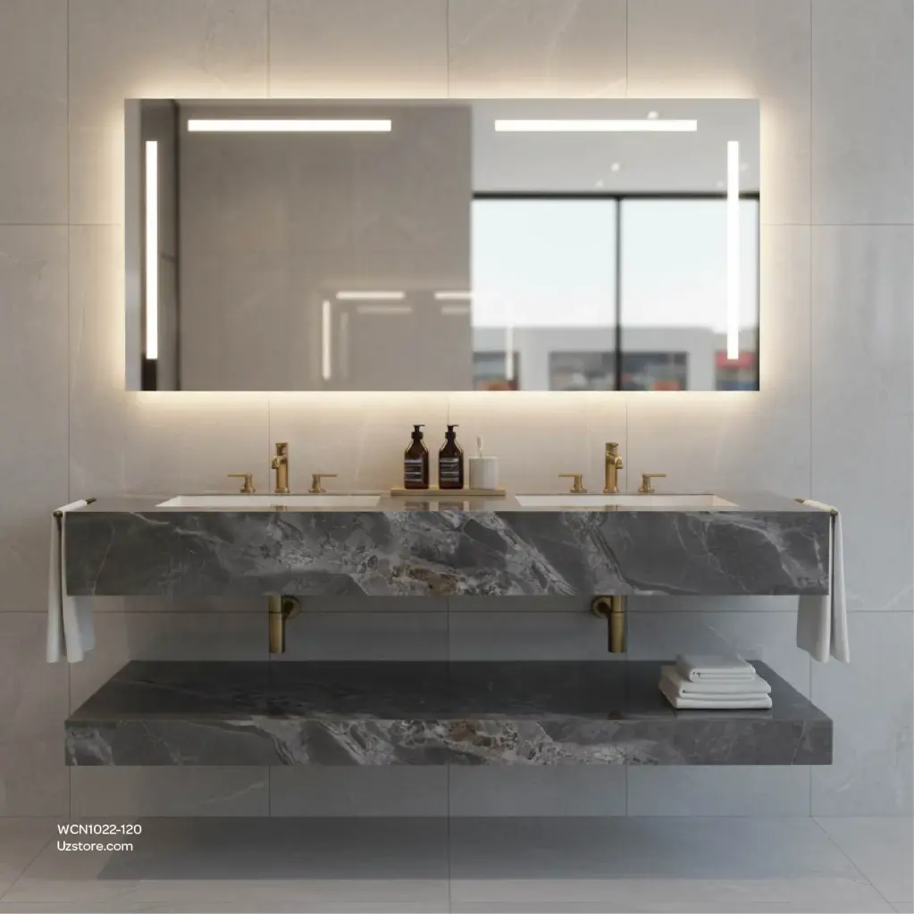 Seamless Round Wash Basin Double Layers/LED Mirror, Gloosy Grey Color, Cabinet Size 1200*500*150, Mirror  AP1013-120