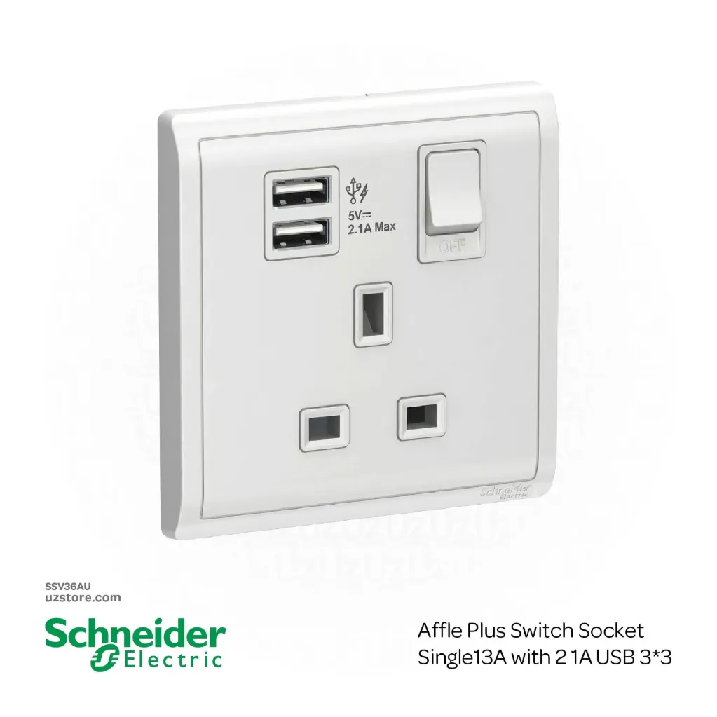 Schneider Affle Plus Switch Socket Single13A with 2 1A USB 3*3