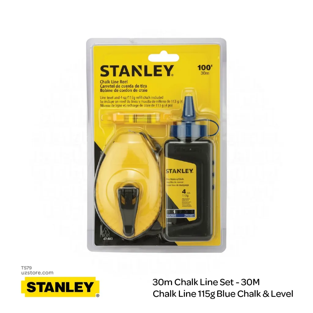 Stanley® 30m Chalk Line Set - 30M Chalk Line 115g Blue Chalk & Level 0-47-443