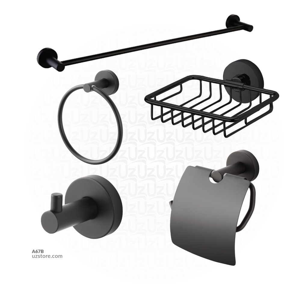  HD BLACK Brass & stainless steel aac Set 5 pcs (Towel bar, Towel ring, Hook , Soap basket, Paper holder) 