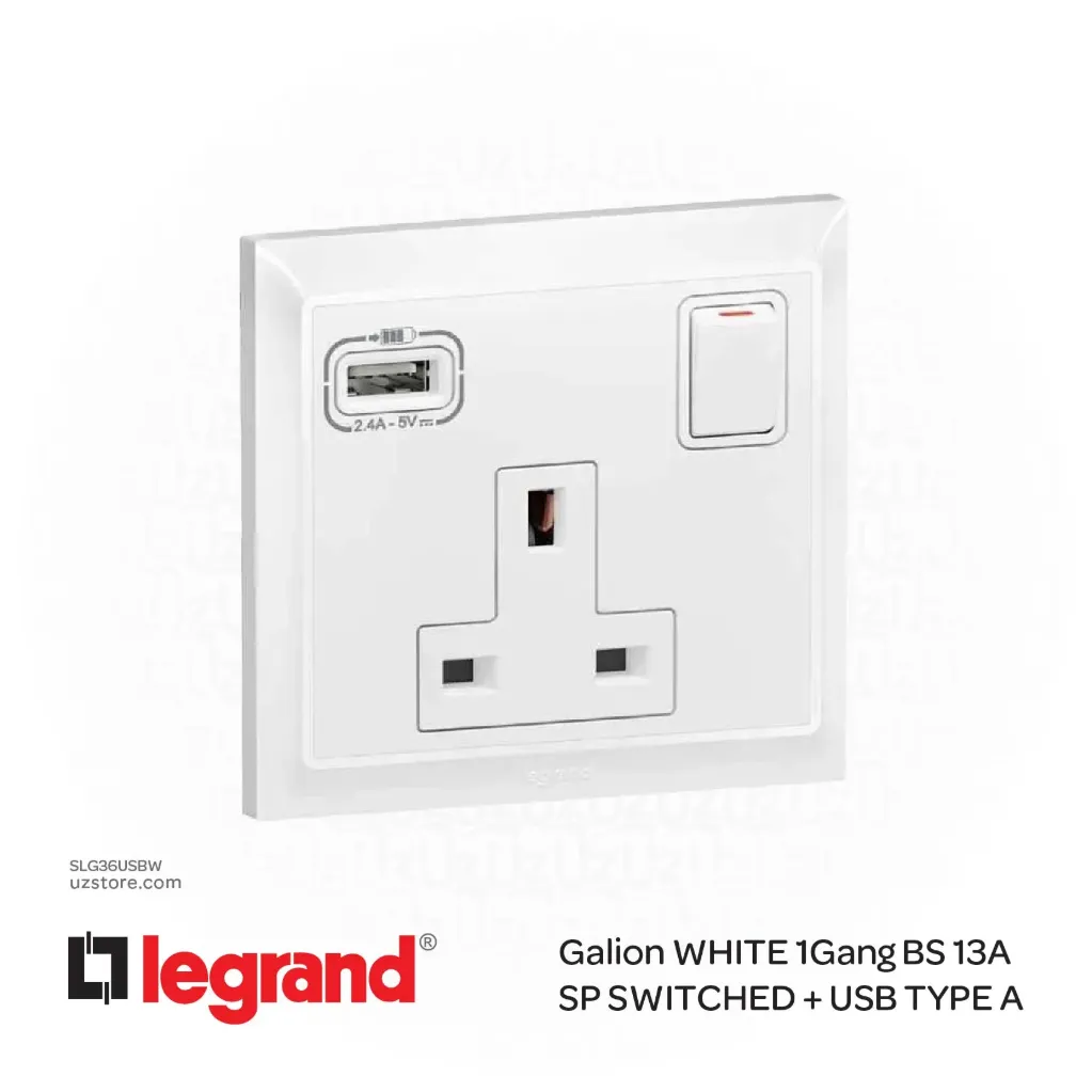 Legrand Galion WHITE 1Gang BS 13A SP SWITCHED + USB TYPE A