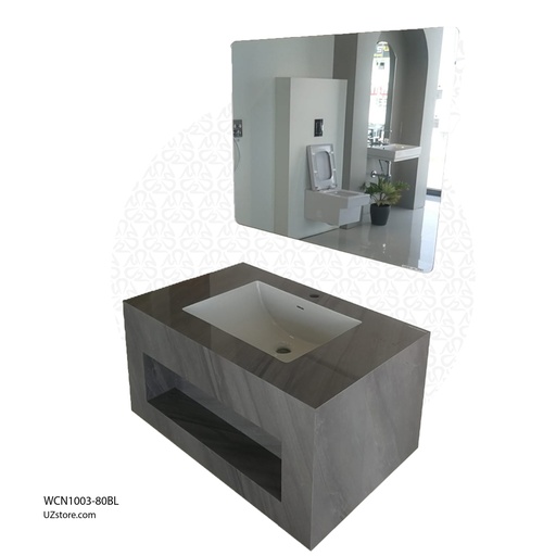 [WCN1003-80Bl] Ceramic Wash Basin Rock Slate Gloosy Finishing without lighting/LED mirror, Azure Breeze color, Cabinet Size 800*500*400, Mirror Size 800*600, AP2007-80