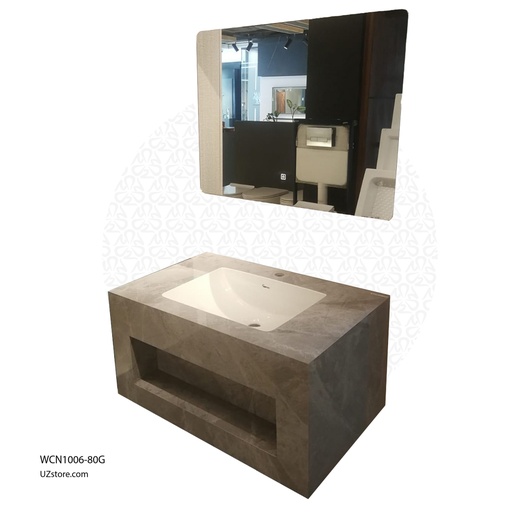 [WCN1006-80G] Ceramic Wash Basin Rock Slate Glossy Finishing without lighting/LED mirror, Light Grey Color, Cabinet Size 800*500*400, Mirror Size 800*600, AP2010-80