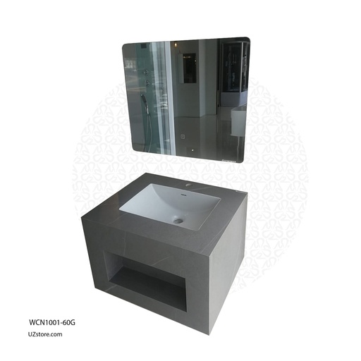 [WCN1001-60G] حوض غسيل سيراميك روك سليت، تشطيب لامع، بدون إضاءة / مرآة LED، رمادي، حجم الخزانة 600 * 500 * 400، حجم المرآة 500 * 700