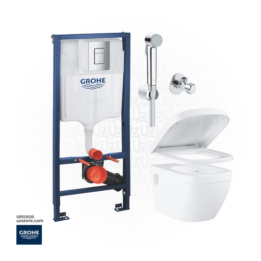 [GRS1302S] GROHE EURO Ceramic Concealed WC Bundle 302S ( GROHE Rapid SL + WC Wall Hung +Chrome Shattaf +Angle valve) 