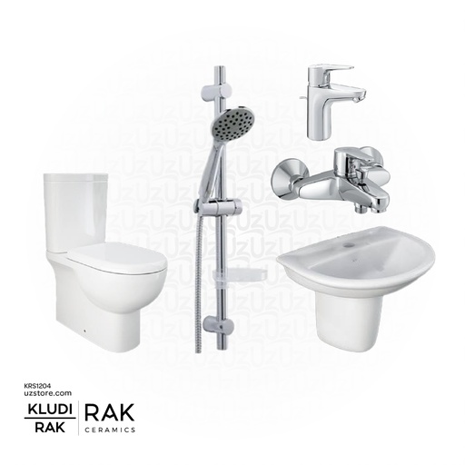 [KRS1204] KLUDI RAK Bundle 204 ( Rak Ceramic Floor stand EWC +Rak Ceramic Wash Basin With Half Pedestal 50 Cm + Wash basin mixer + Shower Set +Shower Mixer +White Shattaf  )