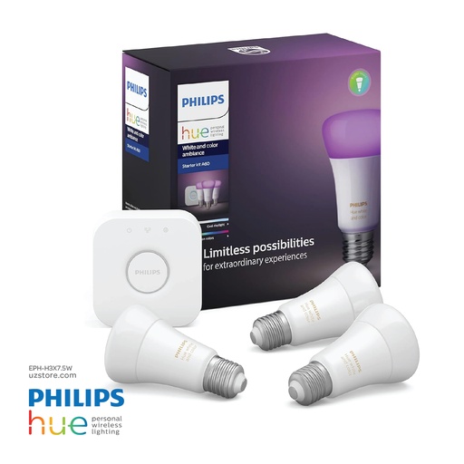 [EPH-H3x7.5W] PHILIPS Hue Uae White & Color Ambiance LED Smart Bulb Starter Kit (3 Bulbs & Bridge ) , 9290024896