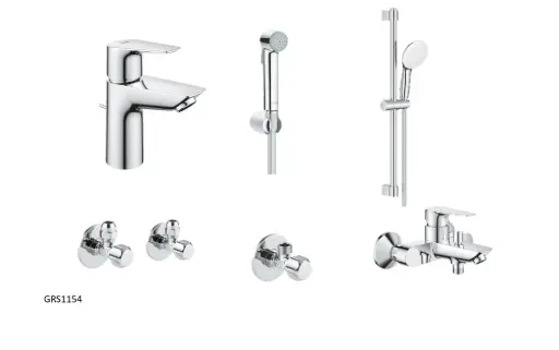 [GRS1154] GROHE Bundle 154 ( Basin Mixer + Shower Mixer +  Shower Kit+ 3 angle Valves +Chrome shattaf )   (
